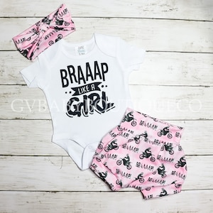 Baby Girl Dirt Bike Braap Bodysuit, Pink Tie Dye Bummies, Knot Head Band, Girls Dirt Bike Like A Girl Bloomers, knot headband Outift