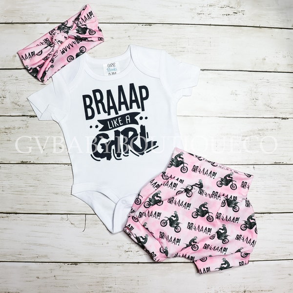 Baby Girl Dirt Bike Braap Bodysuit, Pink Tie Dye Bummies, Knot Head Band, Girls Dirt Bike Like A Girl Bloomers, knot headband Outift