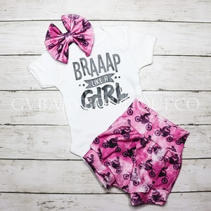 Girls Dirt Bike Braap Bodysuit, Pink Tie Dye Moto Bummies, Headband Bow or Clip Bow, Girls Dirt Bike Bloomers, Pink Dirt Bike Outift