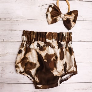 Baby Toddler High Waisted Brown Cow Print Bummies with Bow, Toddler Girls Western Faux Suede Bummies, Cow Print Bummie and Bow Outfit