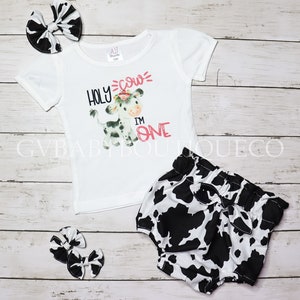 Toddler Girl First Birthday Shirt with Cow Print High Waisted Bummies with Bow Accent, First Birthday Cow Print Outfit, Holy Cow I&#39;m One