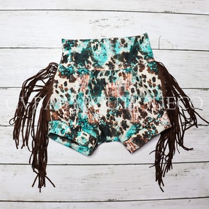 Baby Girls Western Turquoise Brown Cow Print Tie Dye Bummies with Brown Suede Fringe, Toddler Girls Country Western High Waisted Bloomers