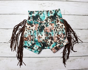 Baby Girls Western Turquoise Brown Cow Print Tie Dye Bummies with Brown Suede Fringe, Toddler Girls Country Western High Waisted Bloomers