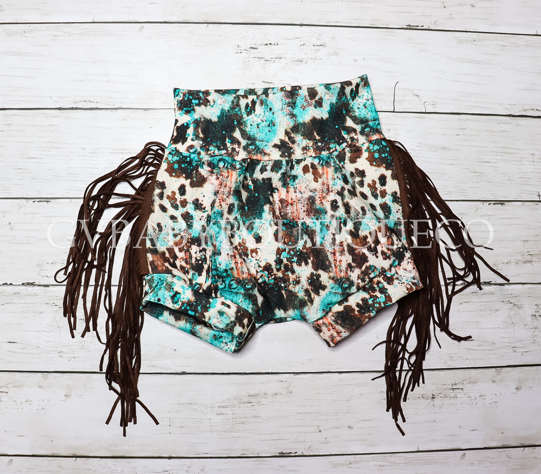 Baby Girls Western Turquoise Brown Cow Print Tie Dye Bummies with Brown Suede Fringe, Toddler Girls Country Western High Waisted Bloomers