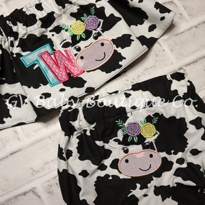 Cow Print Girls Second Birthday embroidered Toddler Off the shoulder shirt and High waisted Bummie, bloomers matching bow theme Party