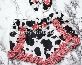 Handmade Cotton Girls Toddler and Youth Ruffle Cow Print and plaid ruffle trim Shorts, Chic girls cow theme shorts with cow charm and bow