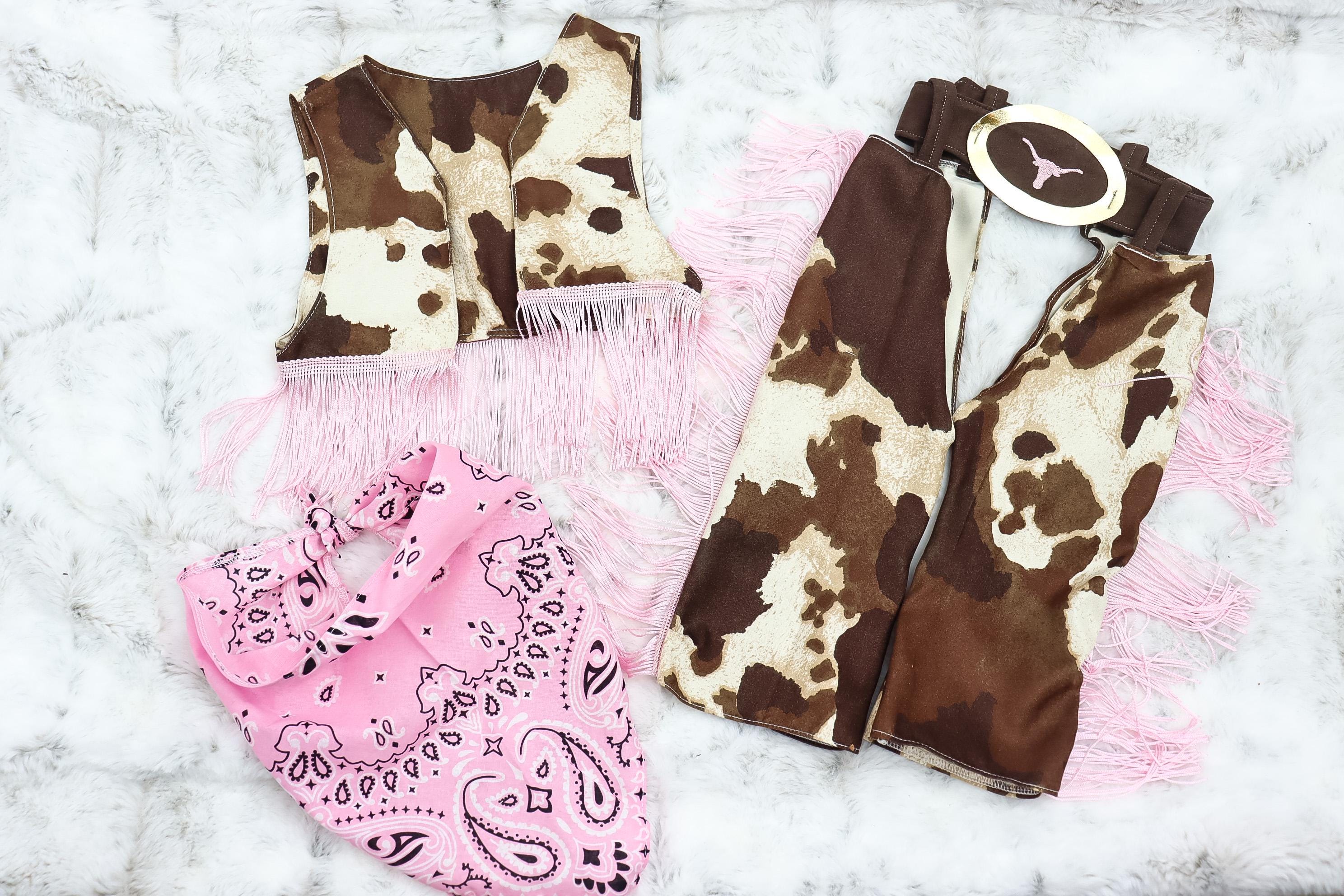 Baby Toddler and Youth Girl Pink and Brown Cow Print Western Cowgirl Outfit Girls Country Western Birthday Costume Cowgirl Chaps Vest Outfit
