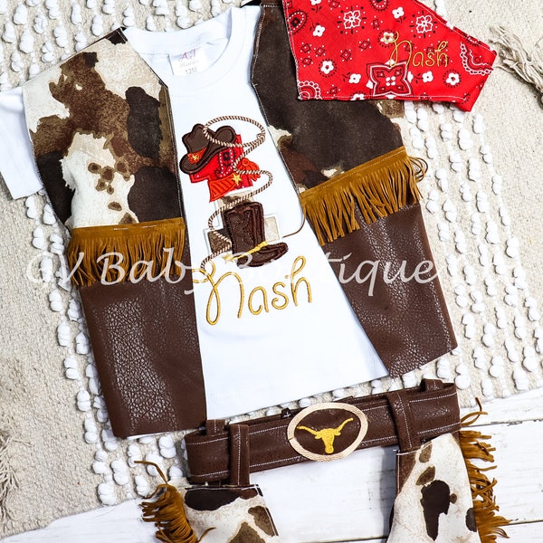 Boys Western Cowboy Birthday Outfit Boys Country Western personalized shirt cow print faux leather vest chaps with suede fringe bandana