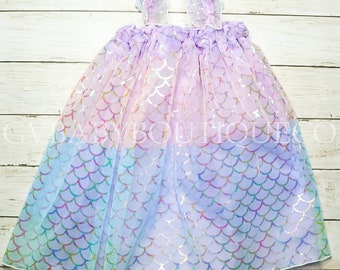 Rainbow Holographic Mermaid Dress for Baby Toddler Girls - Sparkly Pastel Summer Dress with Ruffle Straps