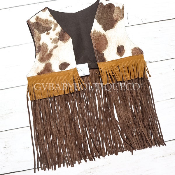 Girls Western Cowgirl Fringe Faux Leather Vest, Toddlers Country Western Brown Cow Print Double Faux Suede Fringe Vest