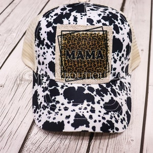Woman&#39;s MAMA Leopard Print and Cow Print Criss Cross Ponytail Back Baseball Cap Woman&#39;s Adjustable Cow Print Hat, Western Style Hat For MAMA