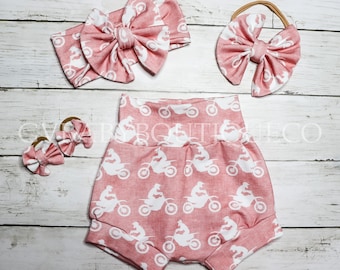 Baby Girls Dirt Bike Pink Bummie Bow Head Band, Toddler Girls Dirt Bike Outfit Bloomers, Girls Pink and White Dirt Bike Motocross Outfit