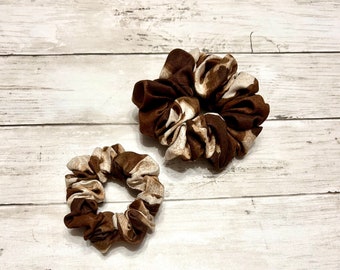 Faux Suede Brown Cow Print, Country Scrunchie Set, Mommy and Me Cow Animal Print Hair Accessories, Regular and Mini Scrunchie Set