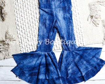 Baby, Toddler Stretchy Distressed Faux Denim, Denim Print Double Bell Bottoms, High Waisted Girls Flares, Chic Baby Toddler Girl Clothes