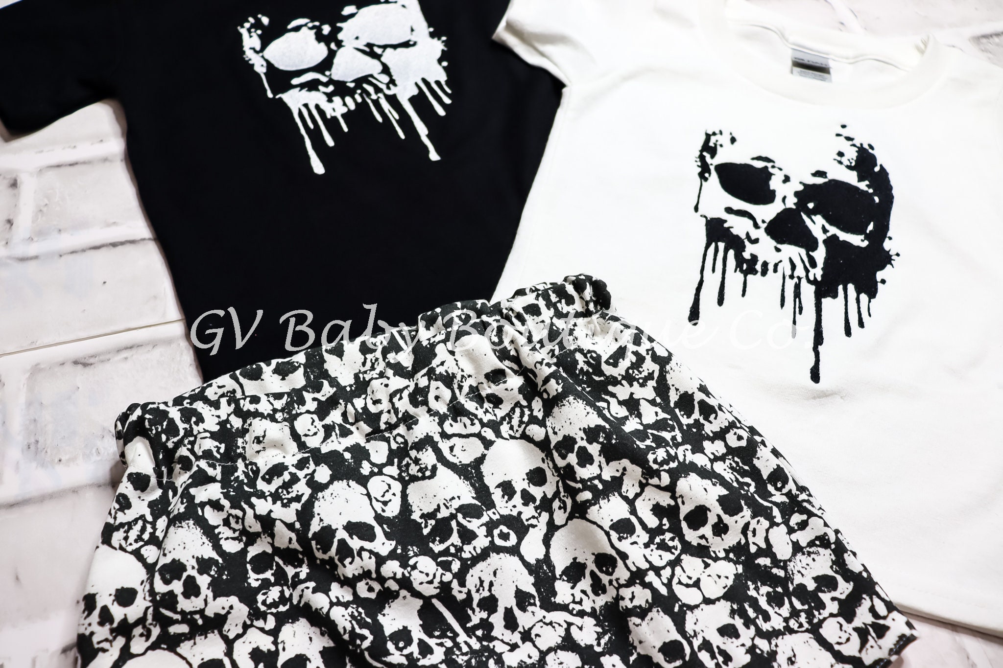 Baby Toddler Boy Skull Shirt and Skull Shorts | Black and