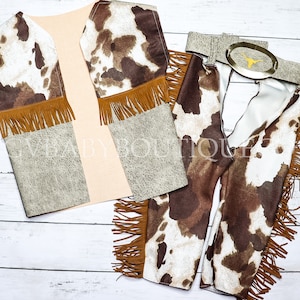 Boys Western 18-24M Cowboy Birthday Outfit Boys Country Western Cow Print Vest and Chaps With Faux Suede Fringe First Rodeo Birthday Theme