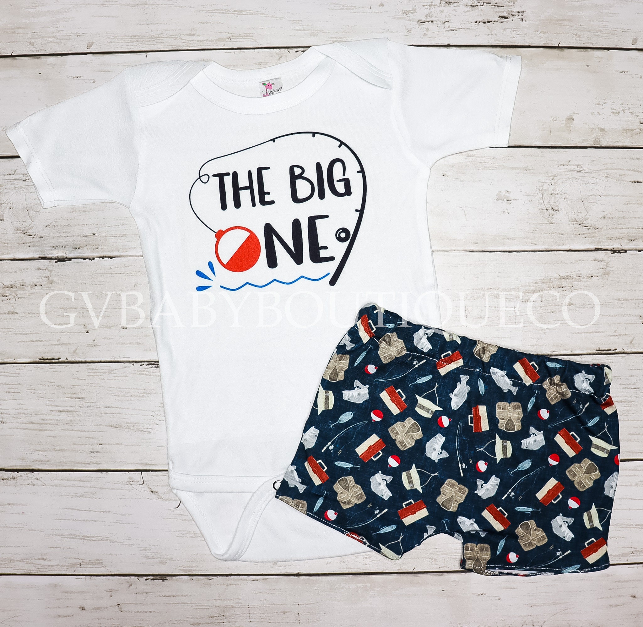 Boy First Birthday Fishing Outfit, Bodysuit and Fishing Gear Shorts Set,  Boys Big One First Birthday Outfit, Big One Fishing Birthday Party 