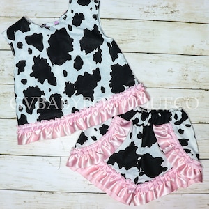 Girls Toddler and Youth Ruffle Cow Print and Pink Plaid Satin Double Ruffle Trim Top and Shorts, Pink Gingham Ruffle Trim Cow Print Oufit
