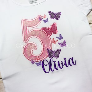 Embroidered Girls Butterfly Birthday Shirt, Girls Ruffle Butterfly Pink Glitter Birthday Top, Girls Personalized Butterfly Birthday Top