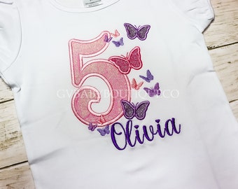 Embroidered Girls Butterfly Birthday Shirt, Girls Ruffle Butterfly Pink Glitter Birthday Top, Girls Personalized Butterfly Birthday Top