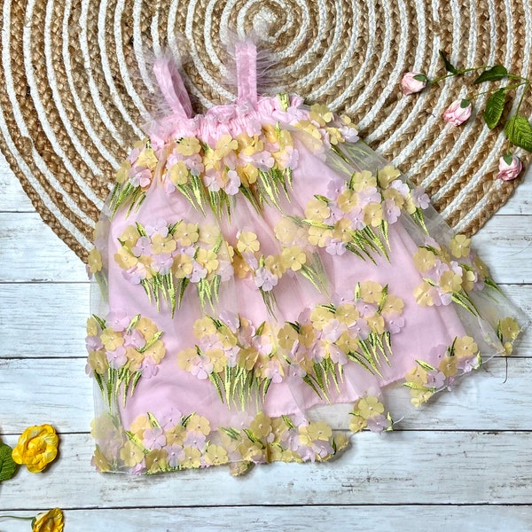Girls Baby, Toddler Spring  Embroidered Floral Ruffle tulle dress, pastel pink and yellow. Summer floral tank top dress 3D floral print