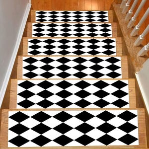Diamond Stair Treads: Black and White Geometric Non-Slip Rugs