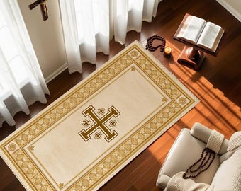 Jerusalem Cross Prayer Mat Beige and Brown, Soft Velvet Kneeling Rug, Christian Gift Prayer Rug