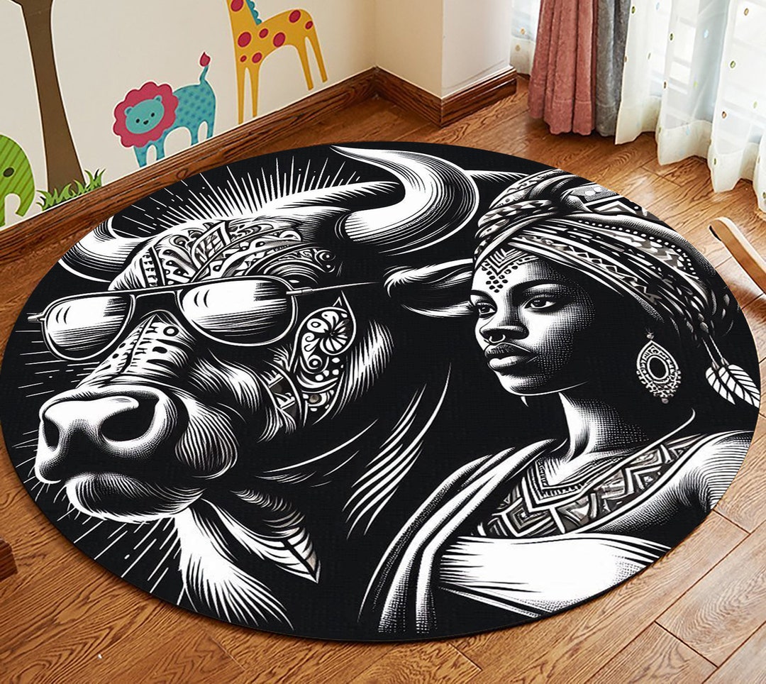 Bull Rug, African Rug, African Woman Rug, Black and White Rug, Round ...