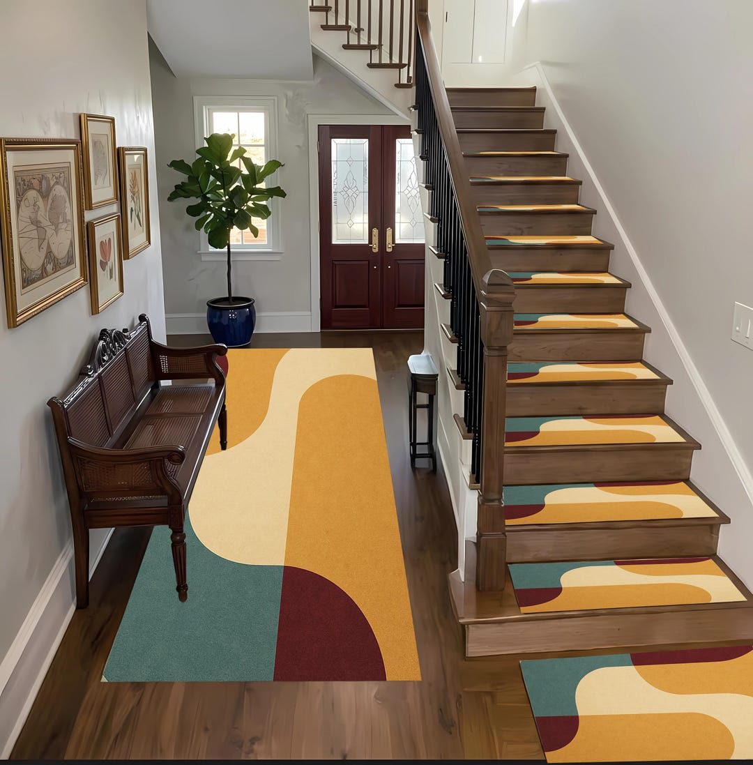 Merida Stair Rug Mid Century Modern Stair Treads & Landing Rug and Runner Rug, Retro ...