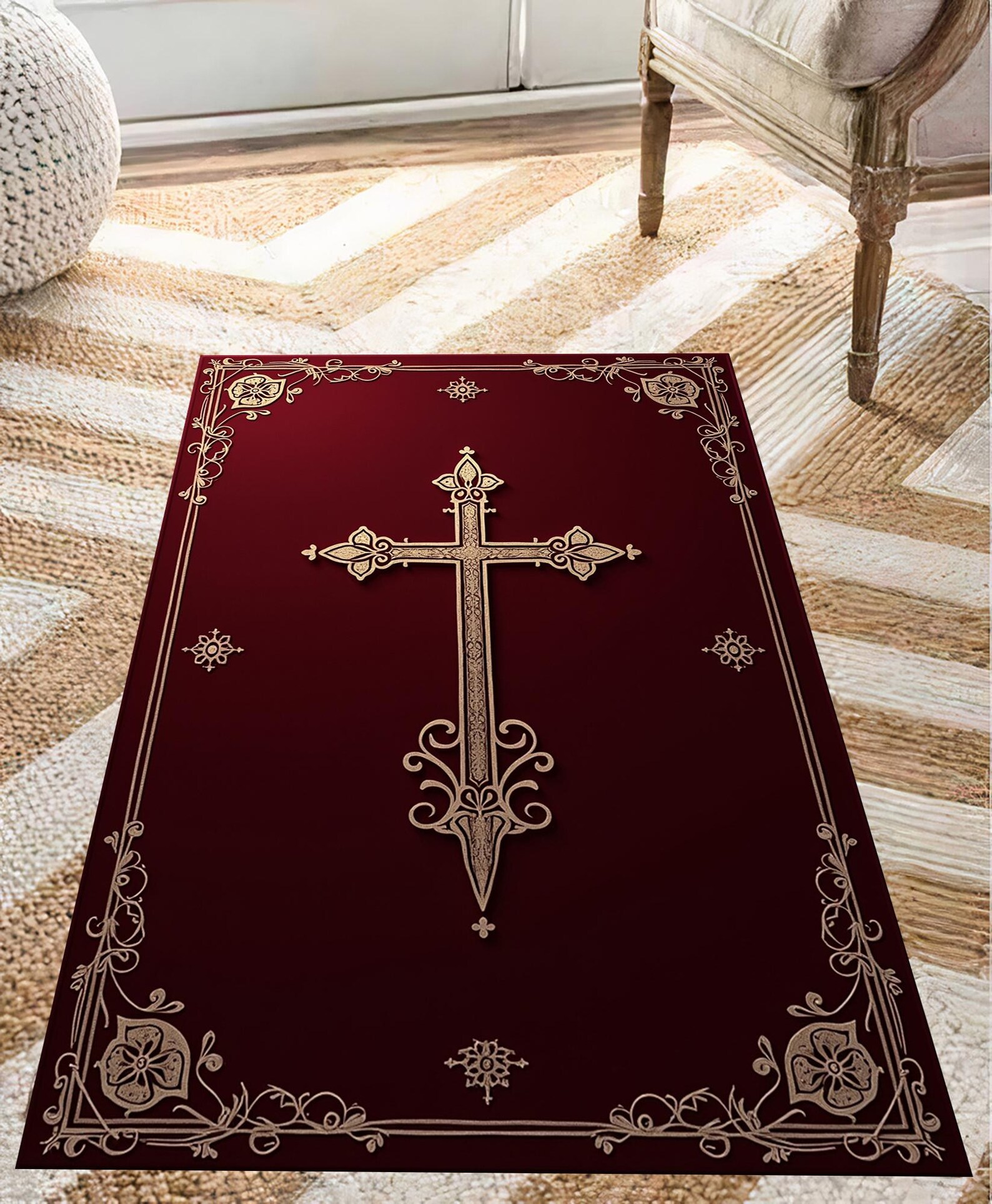Orthodox Rug Orthodox Prayer Mat, Burgundy and Cream Cross Design for Christian ...