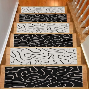 Abstract Stair Treads: Black and White Non-Slip Rugs for Wooden Steps