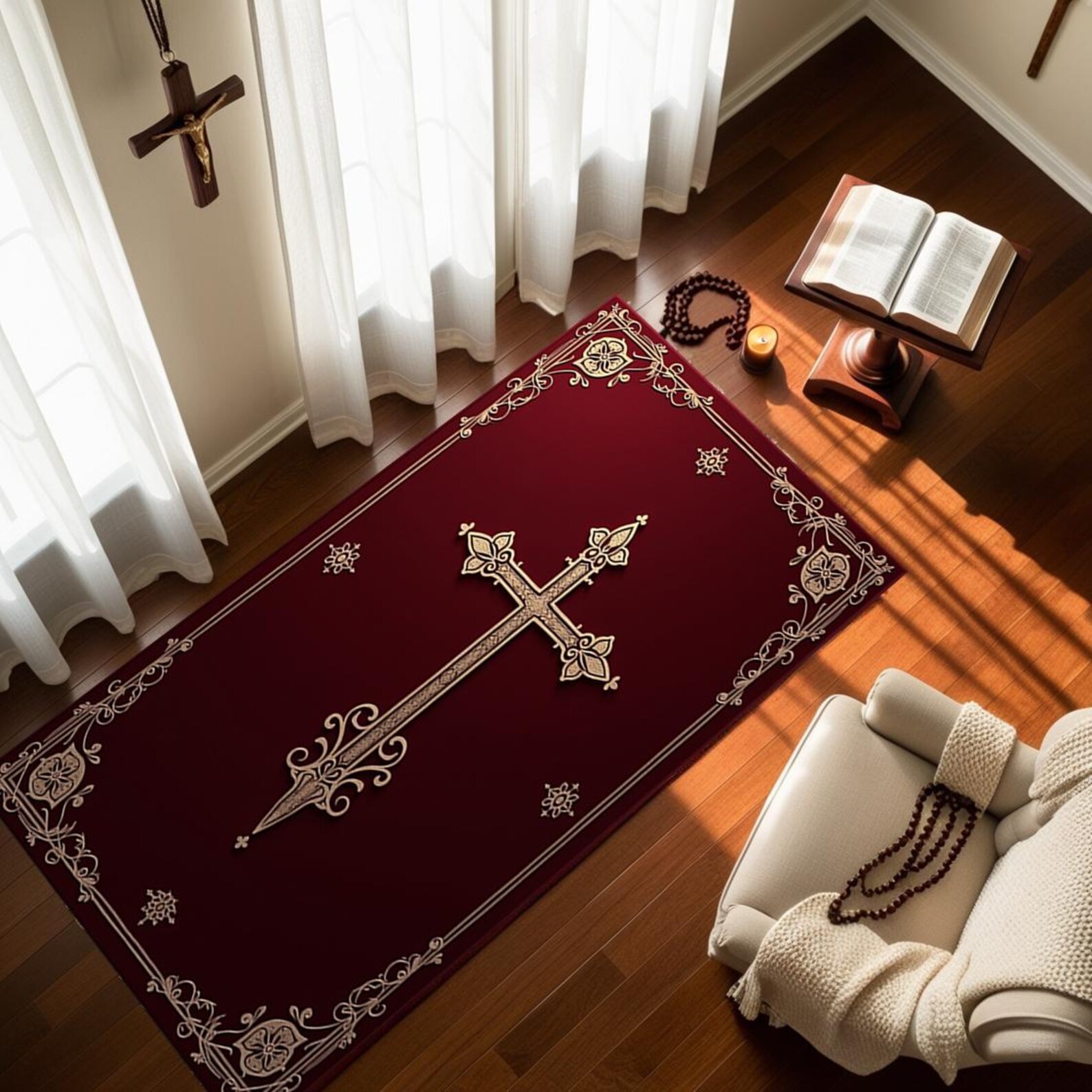 Orthodox Rug Orthodox Prayer Mat, Burgundy and Cream Cross Design for Christian ...