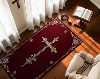 Orthodox Prayer Mat, Burgundy and Cream Cross Design for Christian Worship, Personalize Christian Rug,