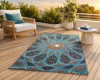 Boho Outdoor Rug 5x7 ft, Ethnic Patio Area Carpet, Waterproof Balcony Mat, Bohemian Garden Decor, Washable Deck Floor Covering