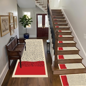 Red Cream Stair Treads with Black Dots, Durable Step Rugs Nonslip Washable Mats For Stair