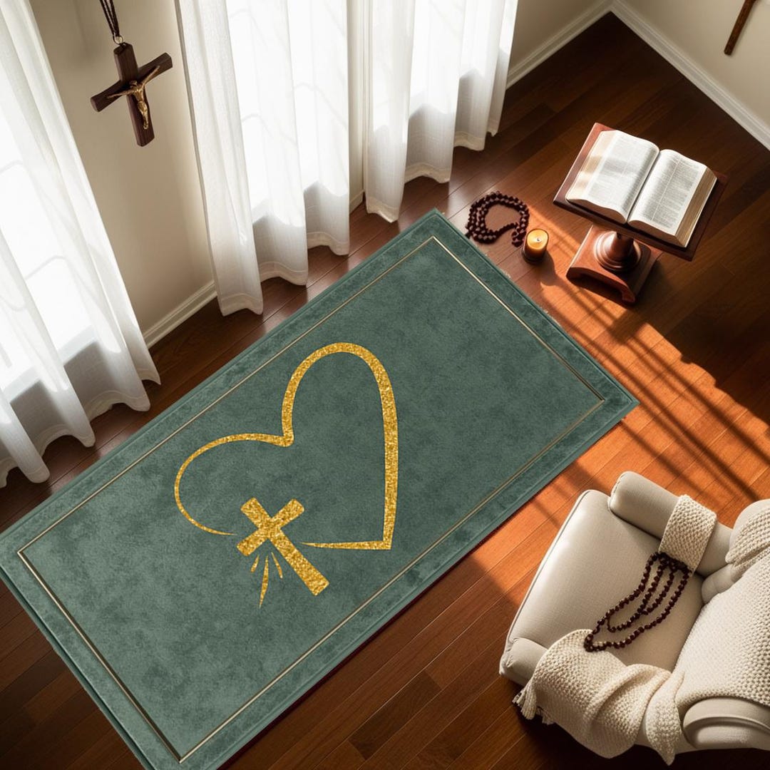 Jade Green Christian Prayer Mat, Soft Velvet Jerusalem Cross Kneeling ...
