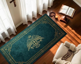 Byzantine Orthodox Prayer Mat with Double Headed Eagle and Cross, Christian Devotional Rug