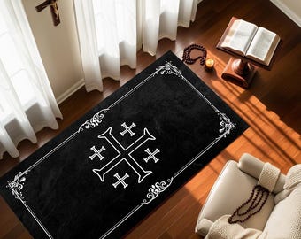 Jerusalem Cross Prayer Mat, Black Velvet Kneeling Rug, Christian Decor