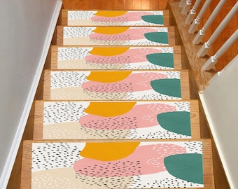 Colorful Abstract Stair Tread Rug with Black Dots, Non-Slip Stair Mats, Decorative Landing Mat