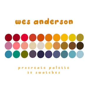 Wes Anderson inspired indie color palette, procreate color palette, color swatches, iPad procreate tools and resources