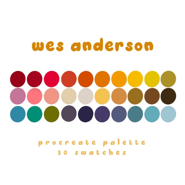 Wes Anderson inspired indie color palette, procreate color palette, color swatches, iPad procreate tools and resources