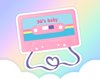 90s Baby Cassette Vinyl Sticker | Casette Tape | Nostalgic & Retro stickers | Pastel Aesthetic Stickers for Laptop and Water Bottle