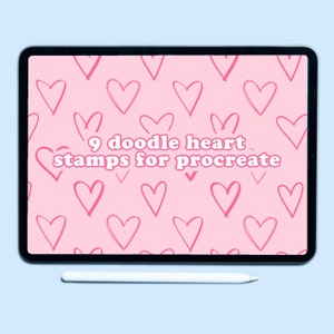 9 Cute, Hand Drawn ProCreate Heart Stamps, Valentine&#39;s, Trendy, Hearts, Doodle, Brushes, Brush