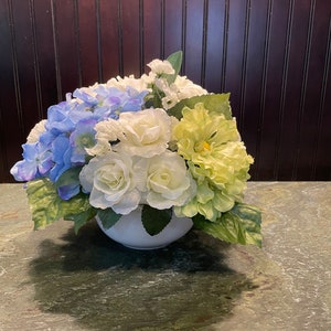 Blue hydrangea white rose lime green faux floral arrangement