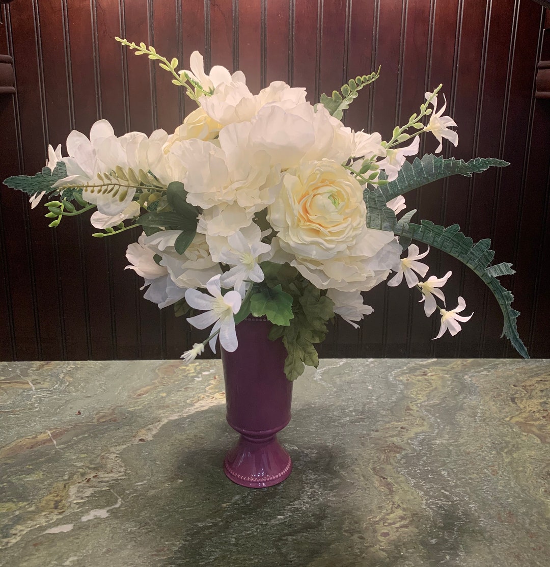 White Silk Floral Arrangement With Purple Vase Etsy