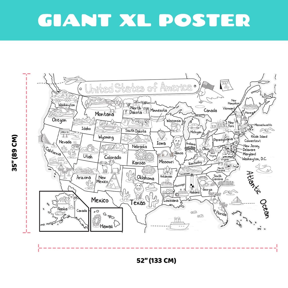 US Map Coloring Poster for Kids 52x35 Inches Etsy