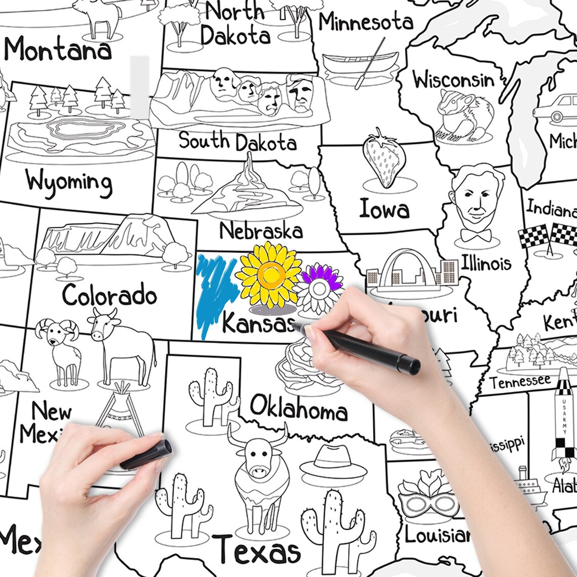 US Map Coloring Poster for Kids 52x35 Inches Etsy