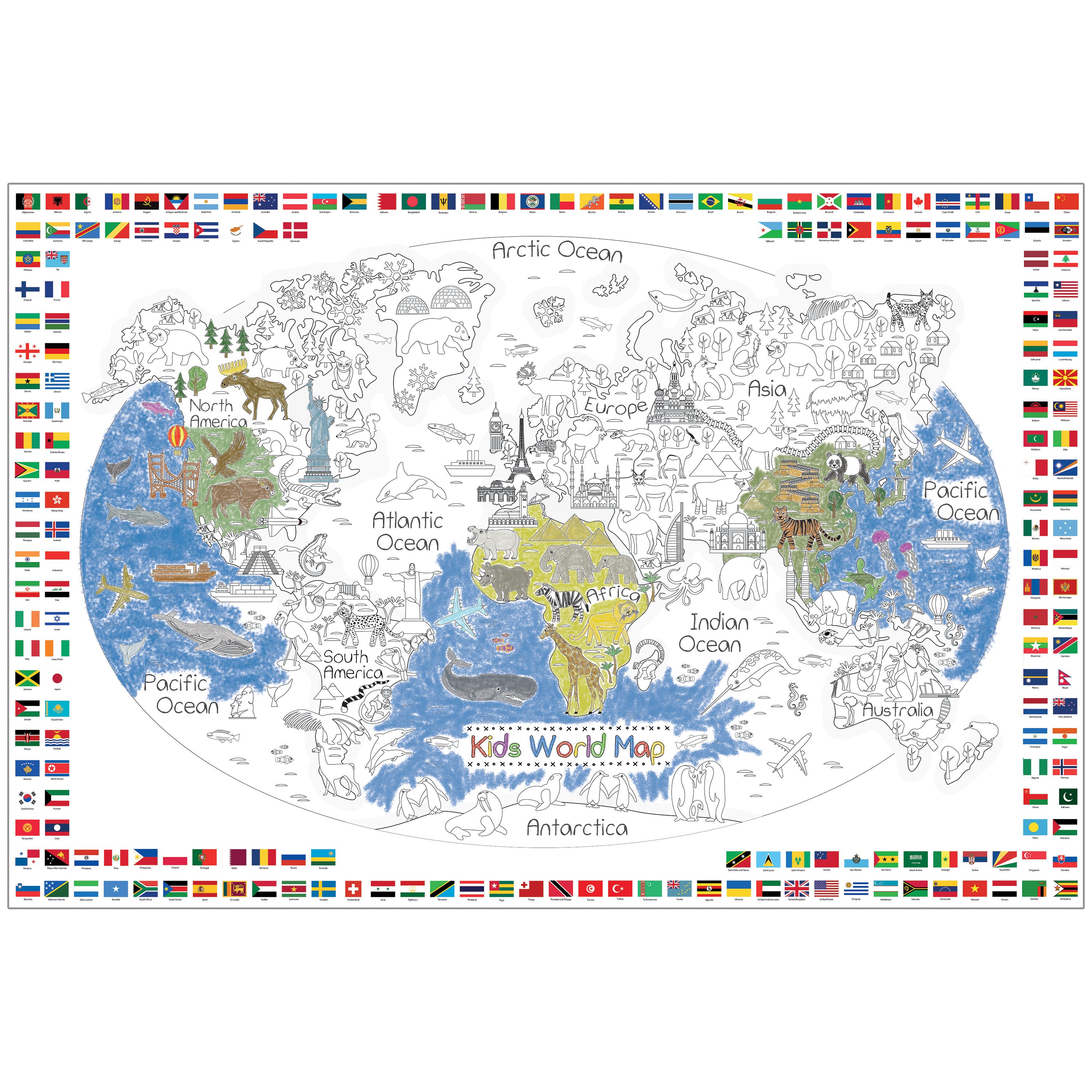 Kids World Map Coloring Poster 35 X 52 Inches Jumbo Coloring Poster for ...