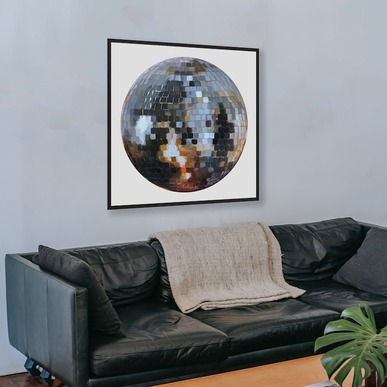 May include: A silver disco ball with mirrored tiles, painted in a realistic style, against a white background.