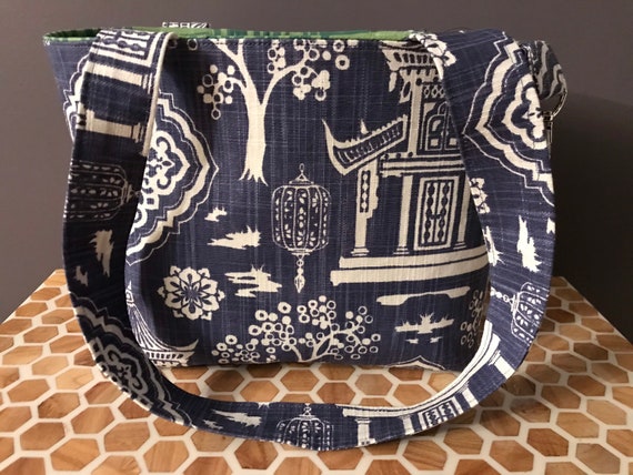 Handmade Tote Bag Emerald Green Premier Prints Tropical Leaves with Abstract Alexander Henry Lining 100 /% Cotton